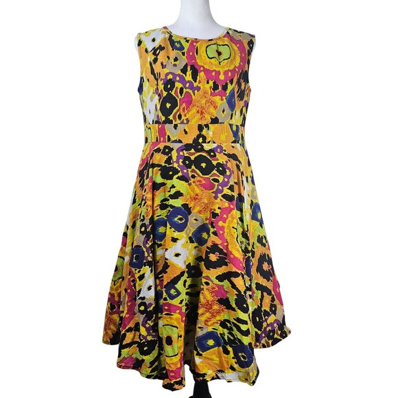 Ashro Fit & Flare Dress Sz 8 Abstract Colorful Sleeveless Retro Print Cotton - Picture 1 of 11